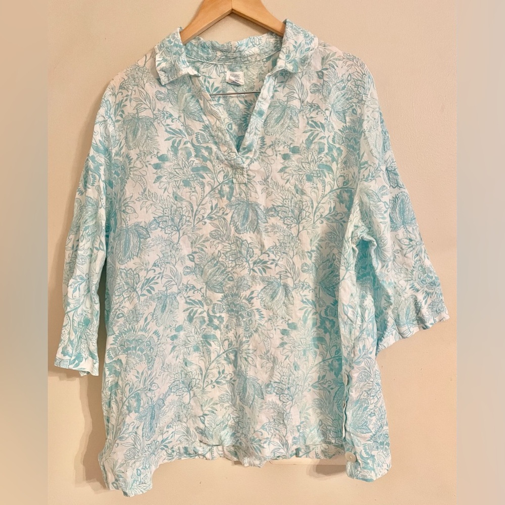 Sigrid Olsen Linen Pullover Top Floral Print Side Buttons Turquoise Size 2X